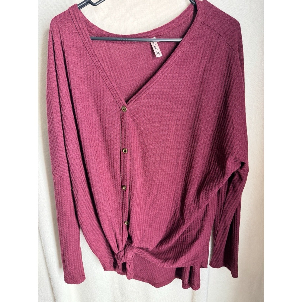 OLRIK Top Womens 2X Burgundy Waffle Knit Button Front Tie Knot V Neck Boho